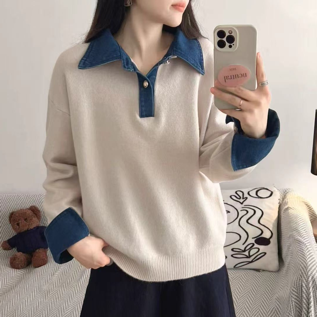 컬러블록 데님 패치워크 폴로카라 스웨터 (여성)