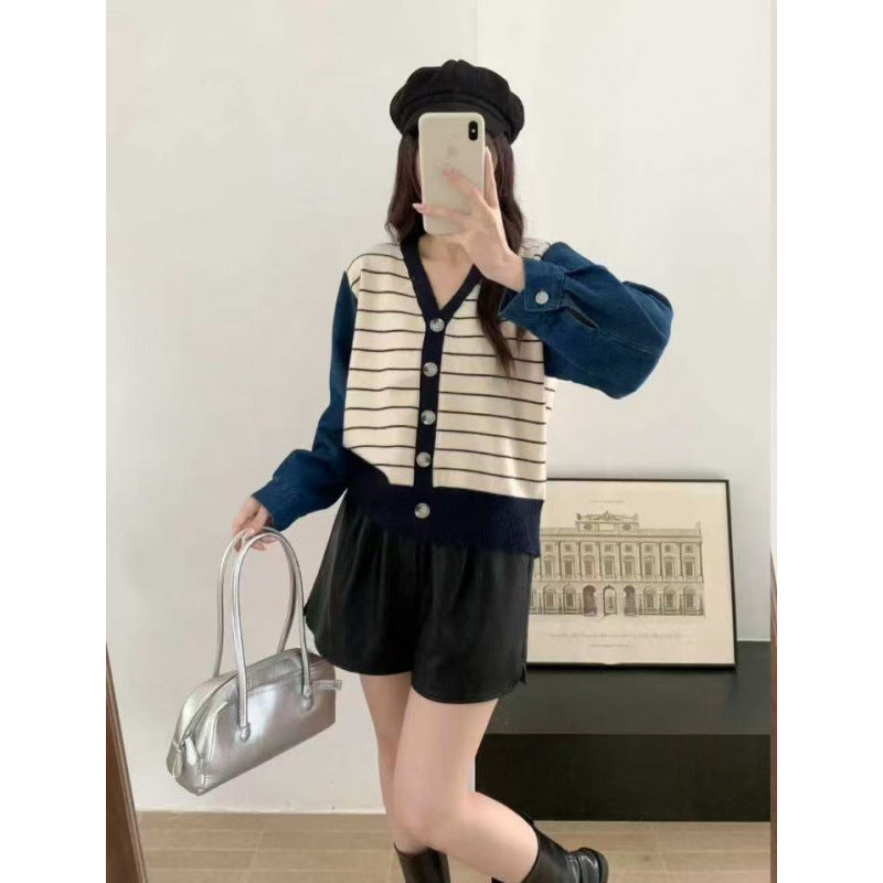 스트라이프 데님 디테일 브이넥 스웨터 | CHAVI