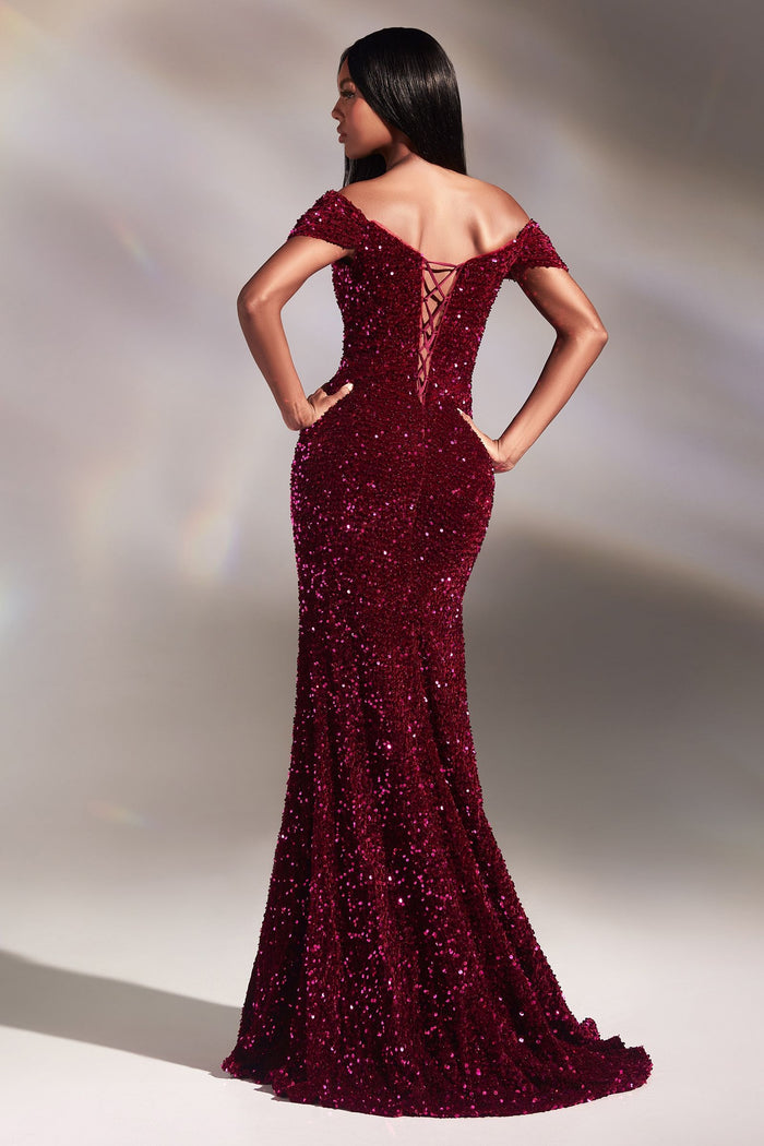 Red | Off-Shoulder Sequin Slit Gown – Sweetheart Neckline Formal Dress CDCA109