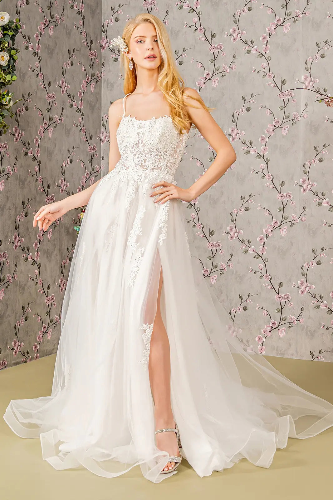 Embroidery bead sheer bodice open back mesh wedding gown GLGL3417