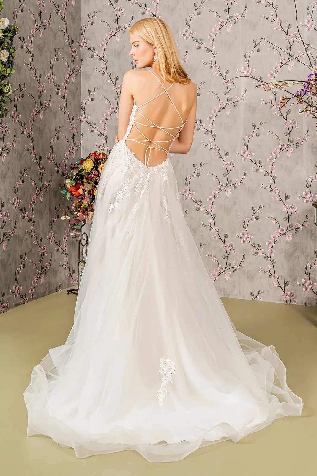 Embroidery bead sheer bodice open back mesh wedding gown GLGL3417