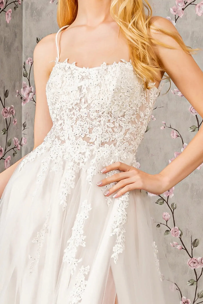 Embroidery bead sheer bodice open back mesh wedding gown GLGL3417