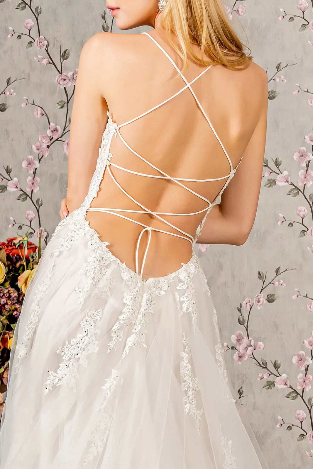 Embroidery bead sheer bodice open back mesh wedding gown GLGL3417