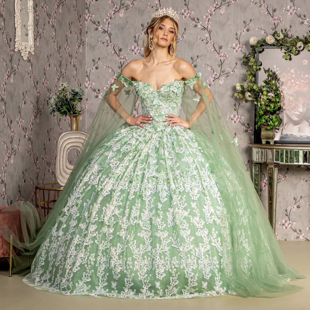 Jewel 3 d butterfly mesh ball gown w long sheer sleeve drapes GLGL3451