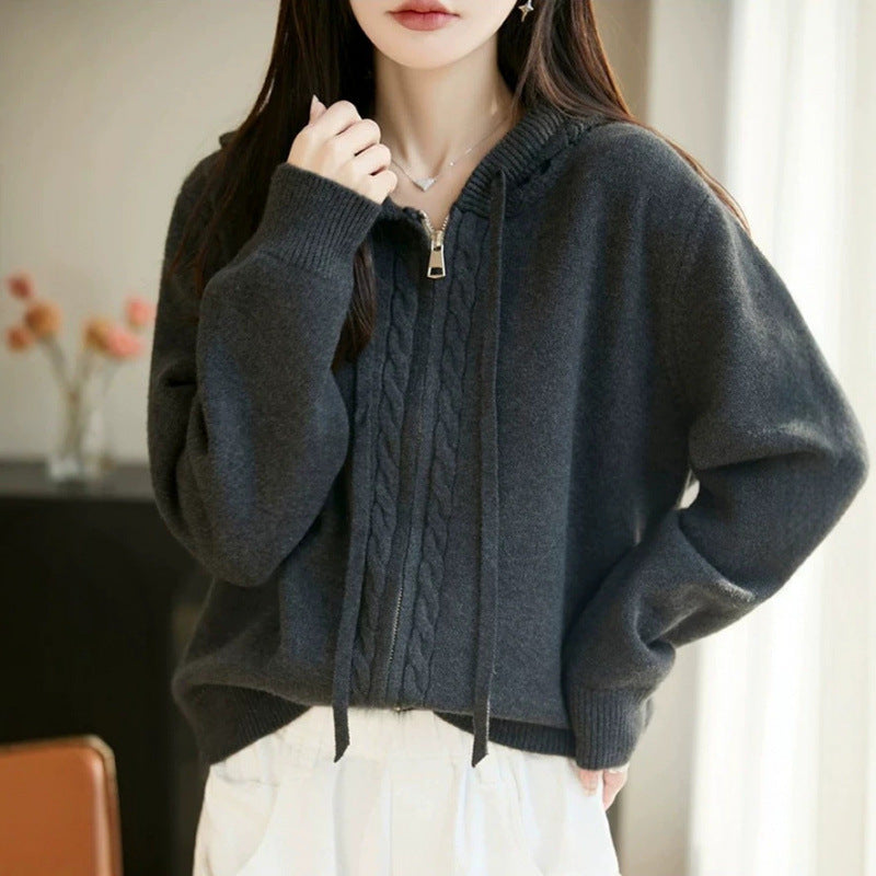 Plus Size Hooded Sweater Cardigan for Women, Loose Casual Style Zip-Up Knit Coat