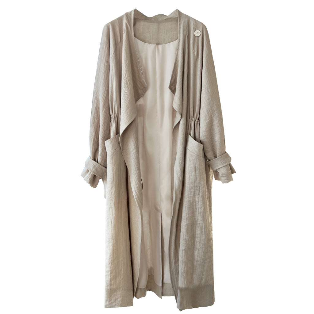 New Chinese Style Over-the-Knee Trench Coat for Women, Mid-Length, Drawstring Linen Cotton Outerwear
