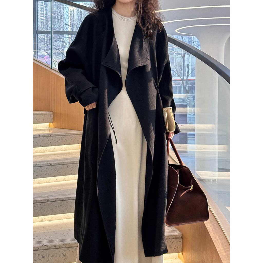 New Chinese Style Over-the-Knee Trench Coat for Women, Mid-Length, Drawstring Linen Cotton Outerwear