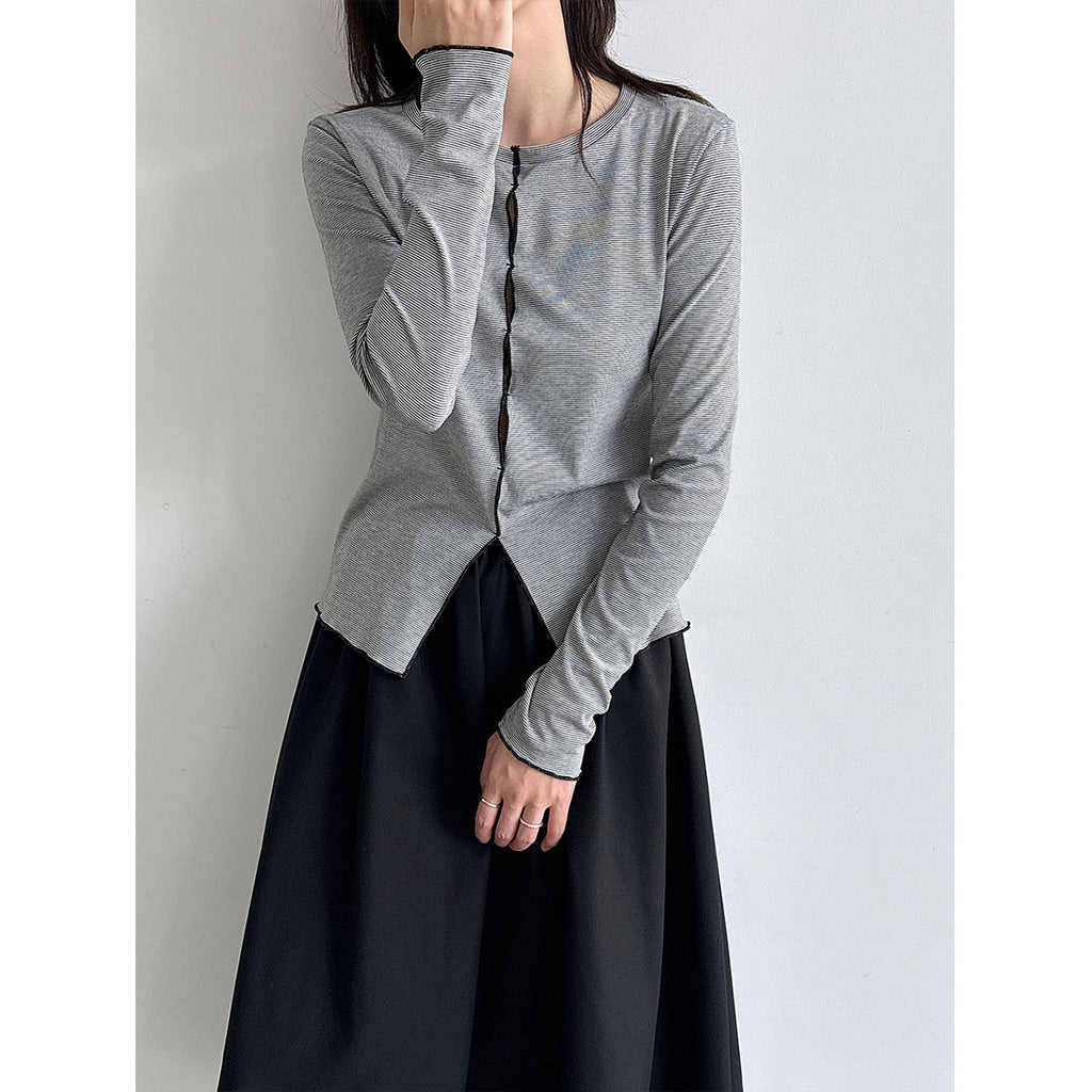 Color-Blocking Stripe Round Neck Long Sleeve Top for Women Hollow-Out T-Shirt Innerwear