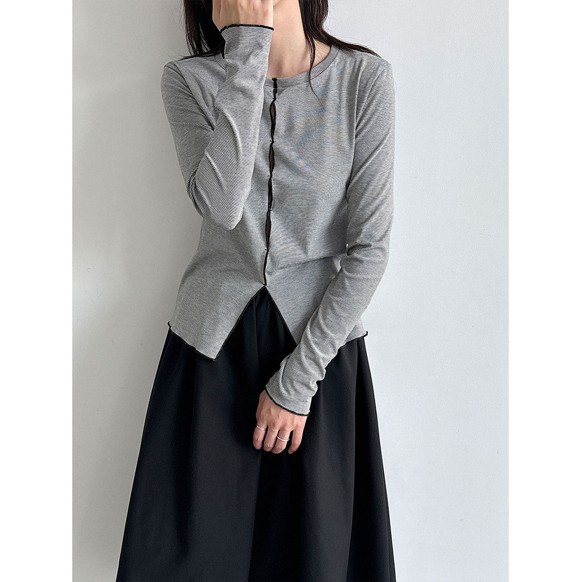 Color-Blocking Stripe Round Neck Long Sleeve Top for Women Hollow-Out T-Shirt Innerwear