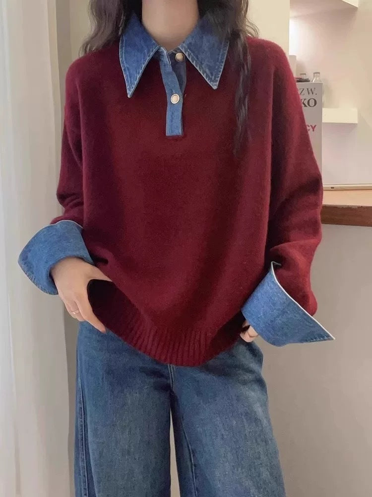 Color blocked denim patchwork polo collar long sleeved sweater for women