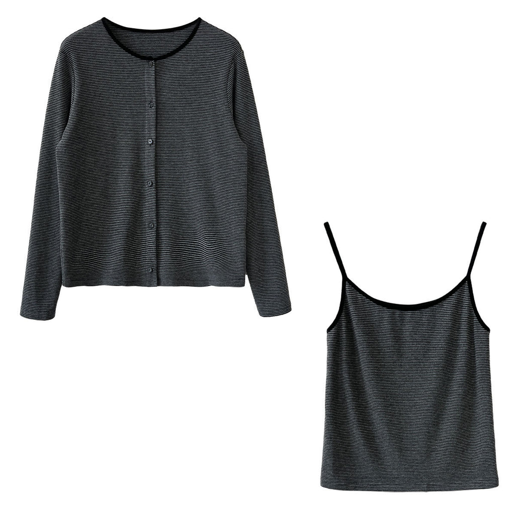 Striped Long Sleeve Cardigan + Matching Color Camisole Set for Women Slim-Fit Layered Two-Piece Outfit
