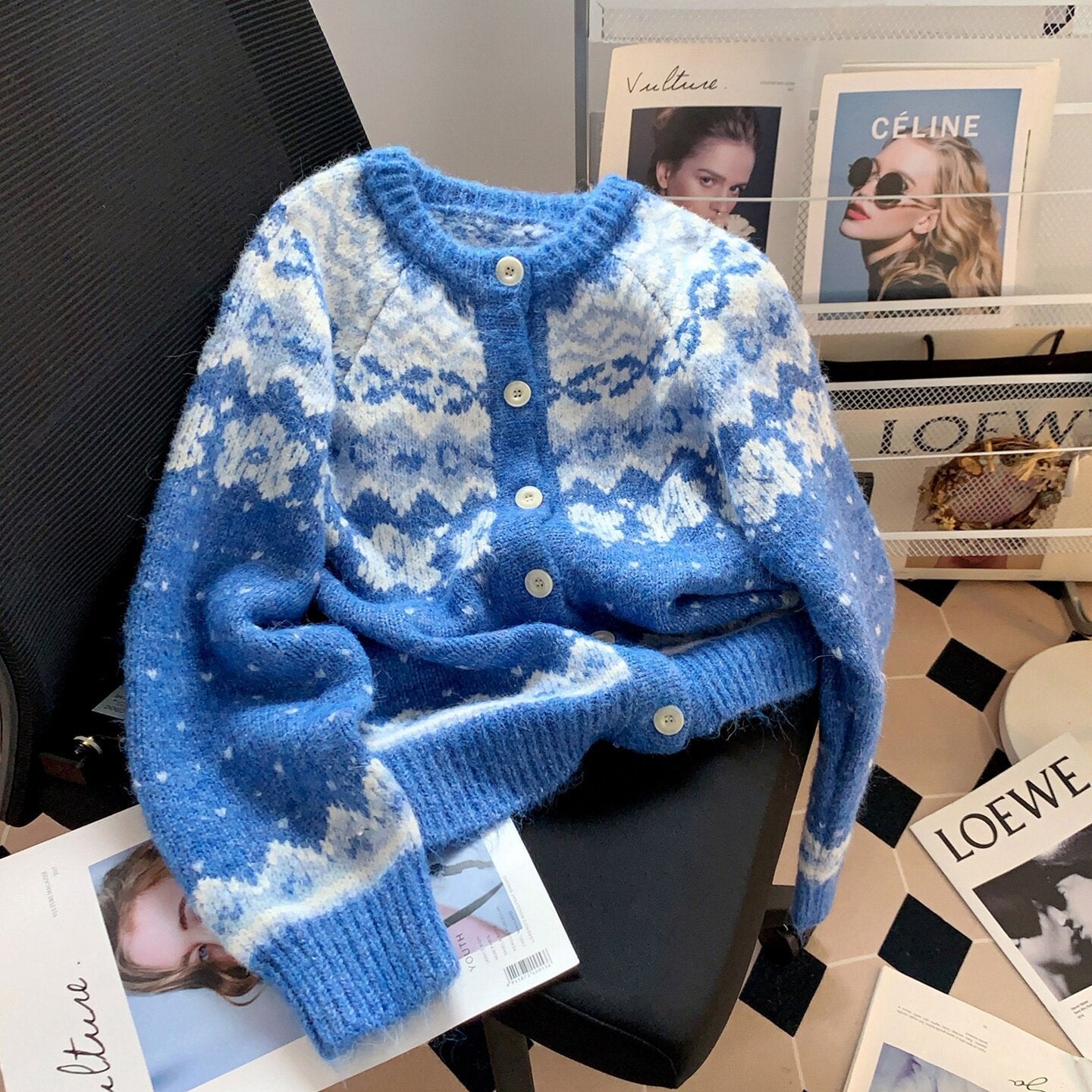 Laid-back Round Neck Knit Sweater Color-blocked Thick Knitted Cardigan Fair Isle Sweater for Women
