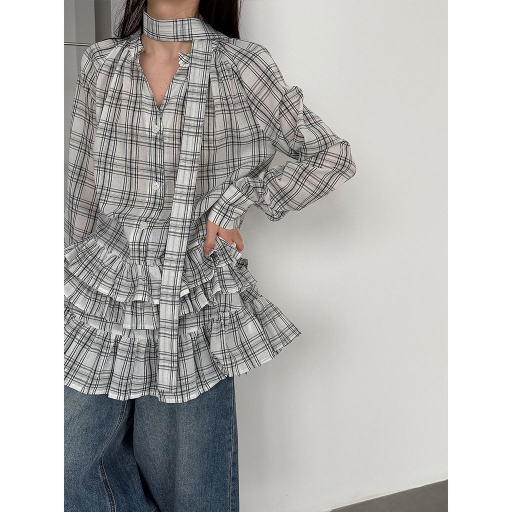 Plaid Ruffle V-Neck Tie Blouse for Women Spring Unique Design Layering Dress
