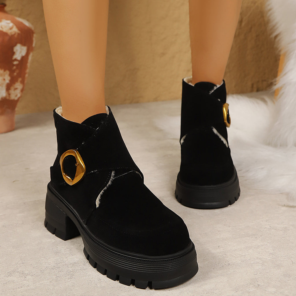 Chunky Heeled Over-the-Knee Boots with Belt Buckle, Faux Suede, High Heel, Thick Sole, Women's Winter Boots Made to order, ships in 7 days