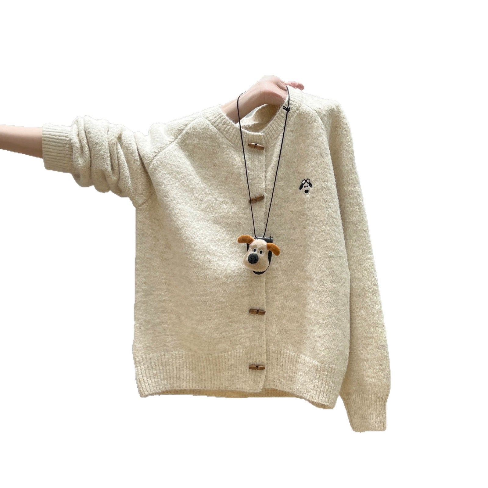 Soft Style Round Neck Horn Button Knitted Cardigan Women Loose Soft Versatile Sweater Coat