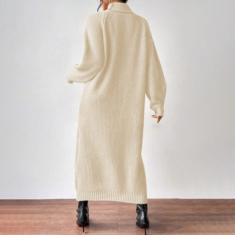 Fashionable Knit Dress for Women, Long Sleeve, High Neck, Crewneck, Solid Color, Long Length, Inner Layer Dress