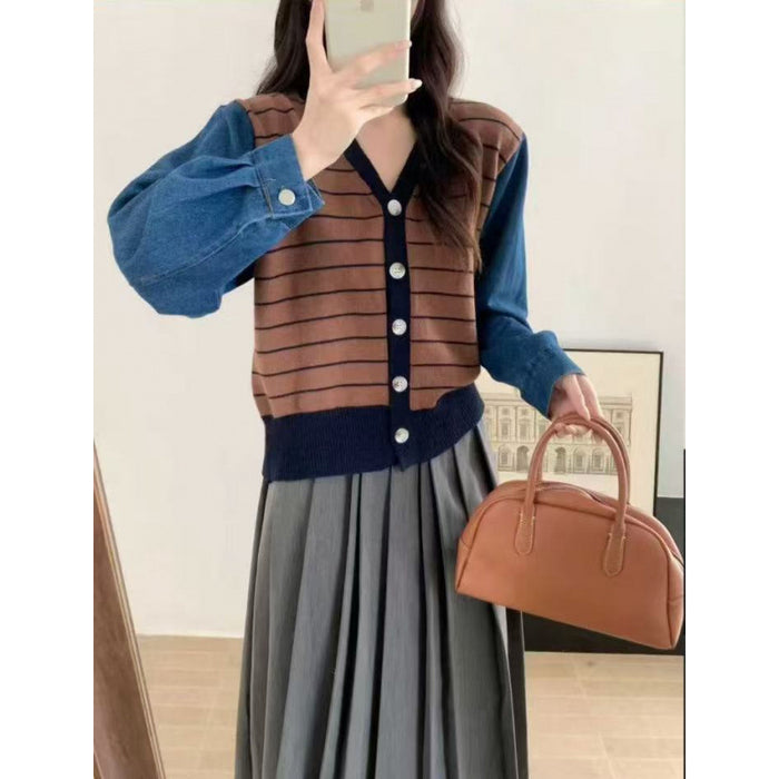 스트라이프 데님 디테일 브이넥 스웨터 | CHAVI