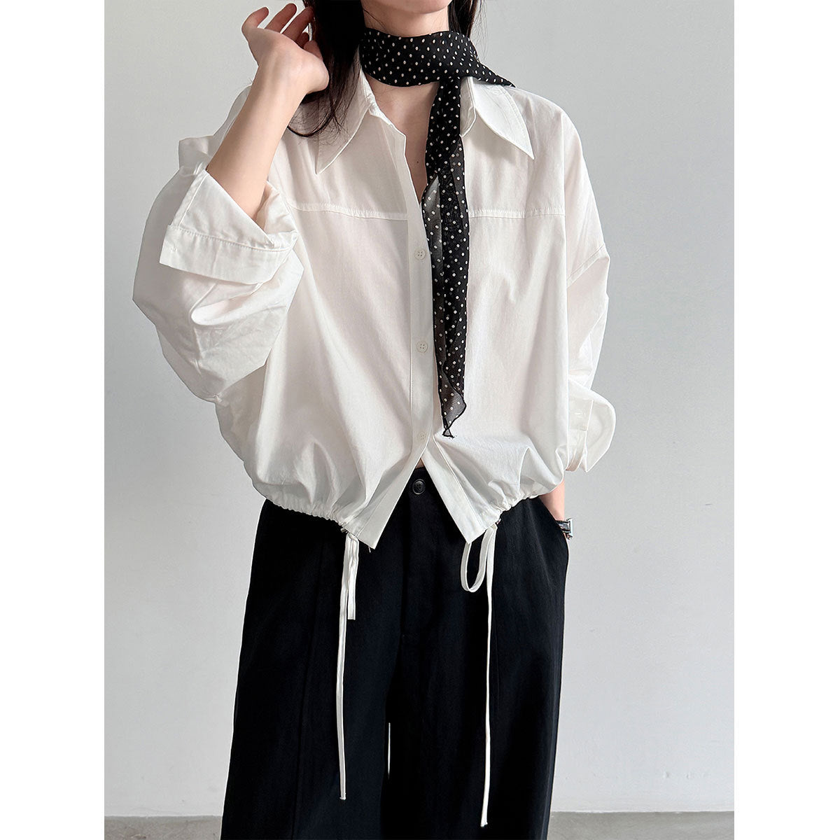 Drawstring Hem Loose Fit Shirt for Women, Casual Office Wear, Versatile Blouse Jacket