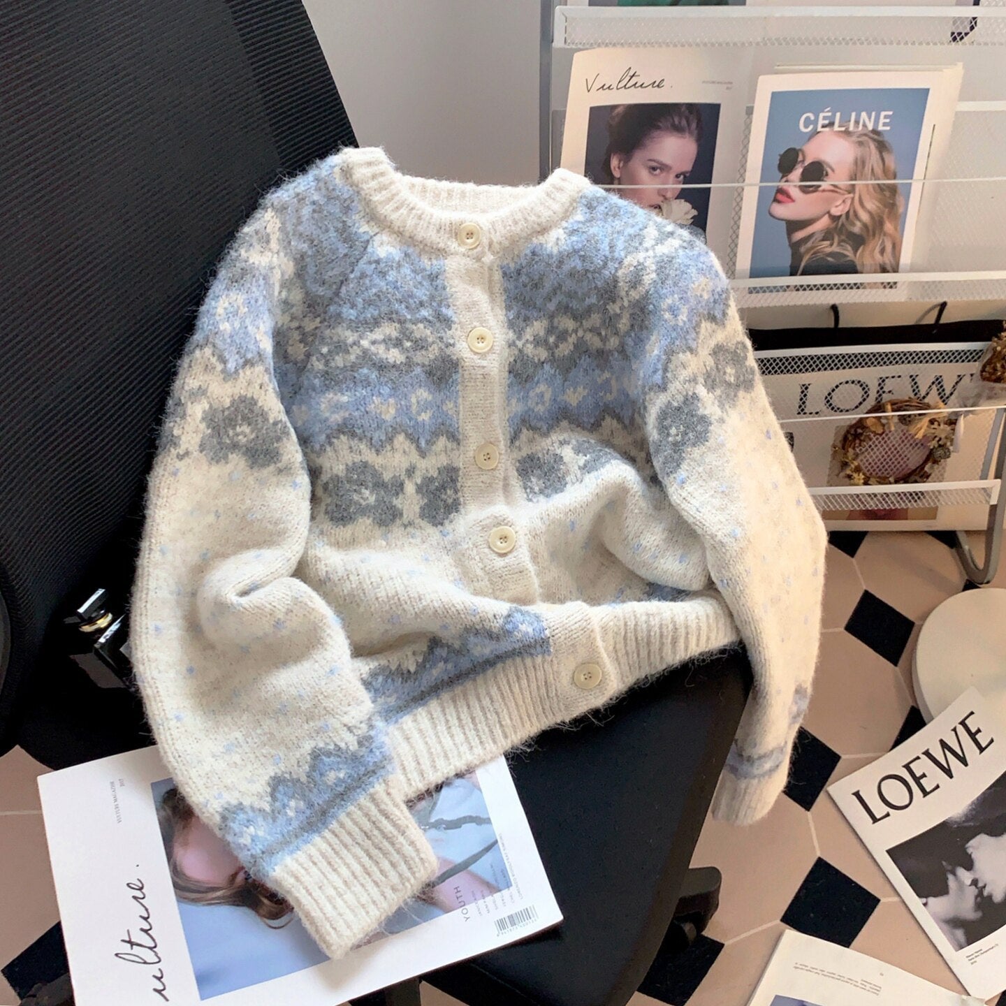 Laid-back Round Neck Knit Sweater Color-blocked Thick Knitted Cardigan Fair Isle Sweater for Women