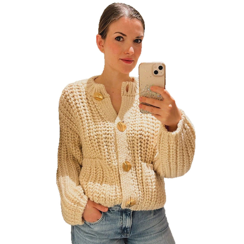 Women's Plain Color Round Neck Knit Cardigan Coat, Loose Casual Long Sleeve Sweater Top