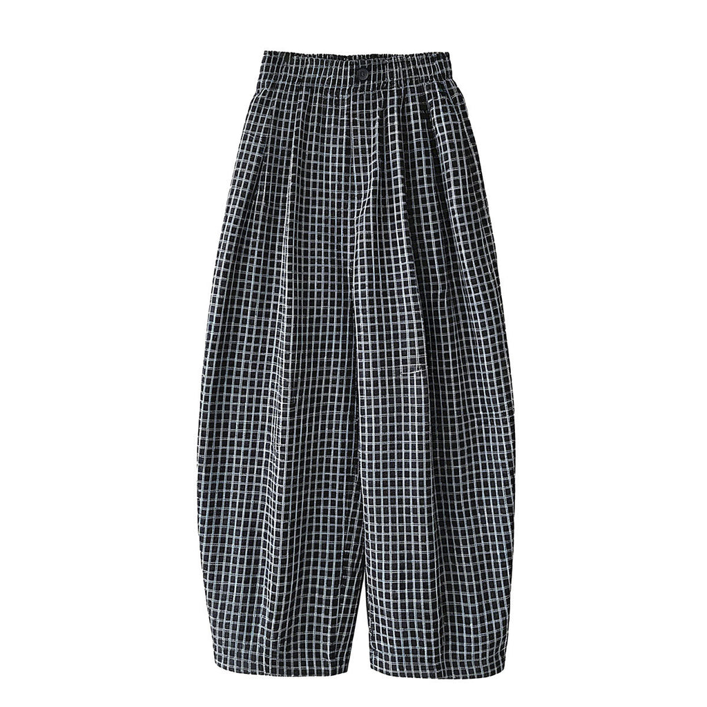 Retro Color-Blocked Checkered Balloon Pants for Women, High Waist Loose Casual Wide Leg Pants