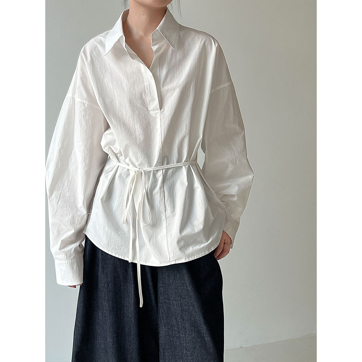 Polo Neck Casual Shirt for Women, Belted Slim Fit Vintage Top
