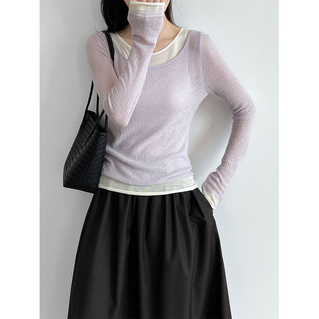 Wool Faux Two-Piece  Long Sleeve Basic Top for Women New Slim Fit Knitwear Shirt