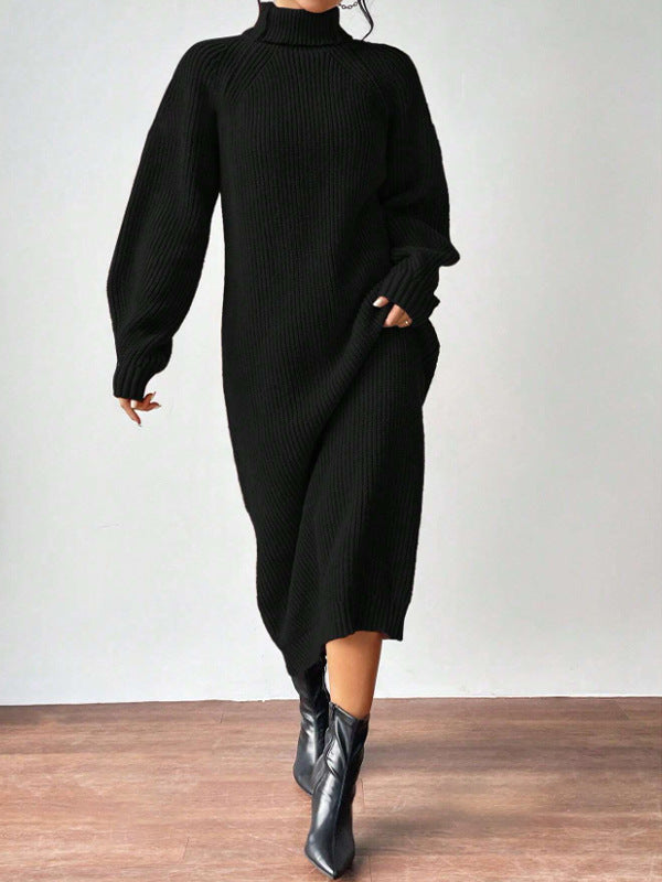 Fashionable Knit Dress for Women, Long Sleeve, High Neck, Crewneck, Solid Color, Long Length, Inner Layer Dress