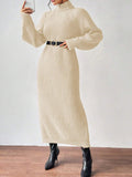 Fashionable Knit Dress for Women, Long Sleeve, High Neck, Crewneck, Solid Color, Long Length, Inner Layer Dress
