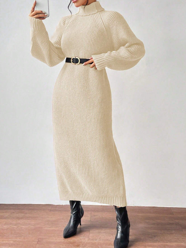 Fashionable Knit Dress for Women, Long Sleeve, High Neck, Crewneck, Solid Color, Long Length, Inner Layer Dress