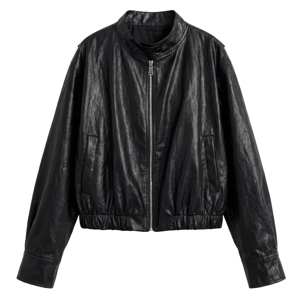 Retro PU Stand Collar Short Jacket for Women Motorcycle Trendy, Versatile Leather Coat