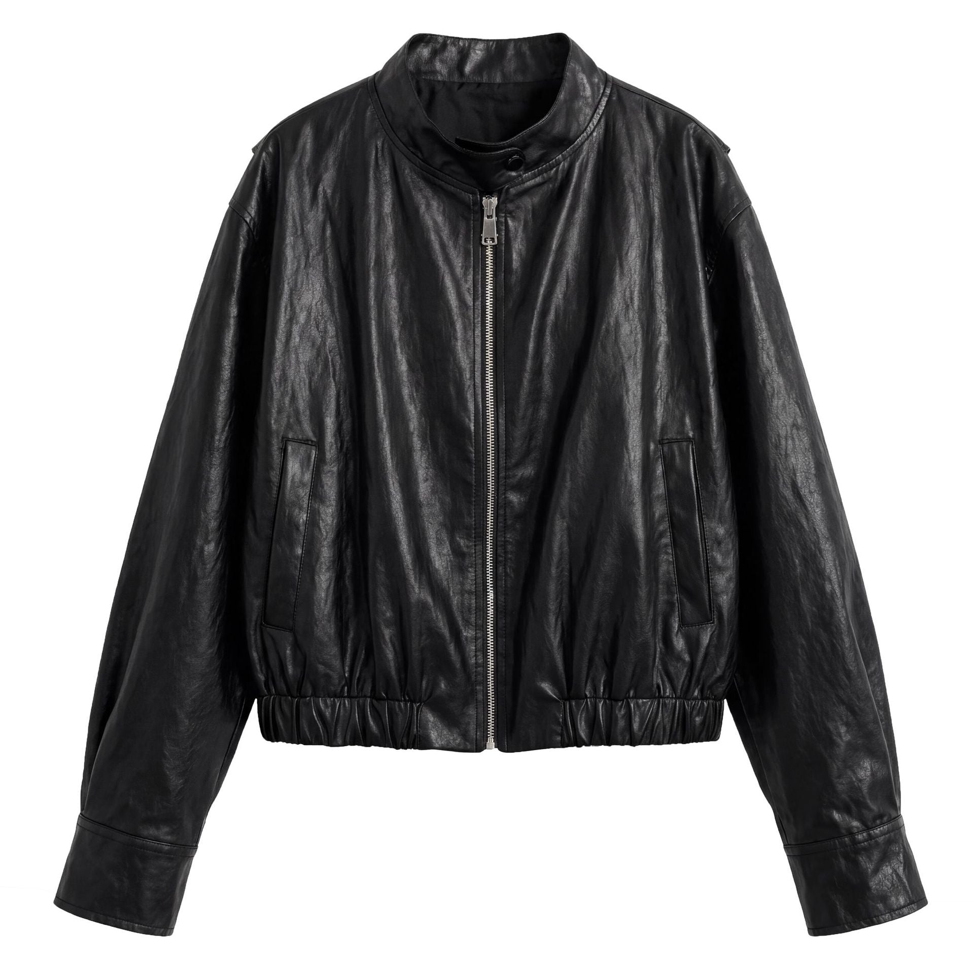 Retro PU Stand Collar Short Jacket for Women Motorcycle Trendy, Versatile Leather Coat