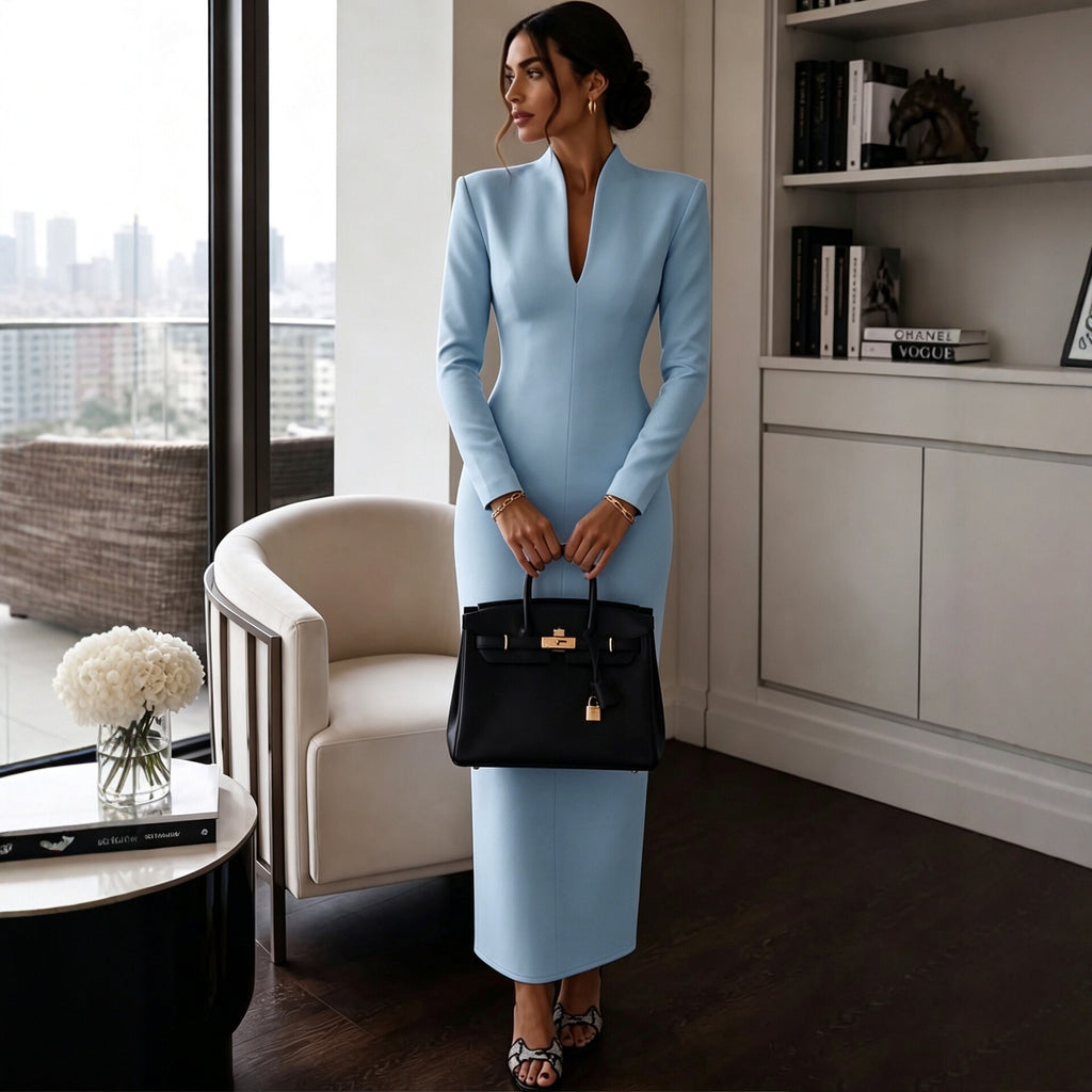 Stand-up Collar V-Neck Long Sleeve Fitted Bodycon Dress Evening Gown Luxury