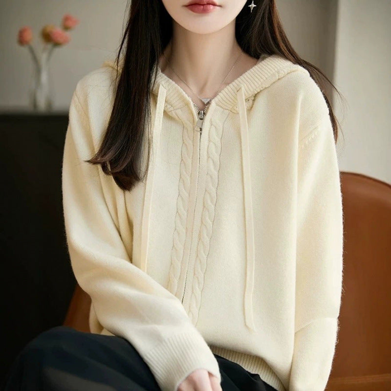 Plus Size Hooded Sweater Cardigan for Women, Loose Casual Style Zip-Up Knit Coat