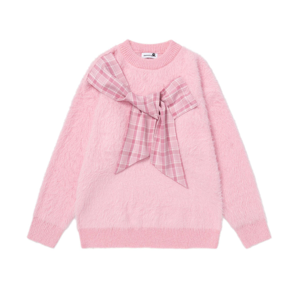Checkered scarf round neck sweater