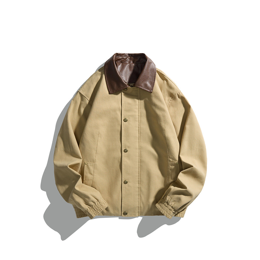 Melange PU Leather Lapel Jacket with Patchwork Workwear Button-Up Coat for Men