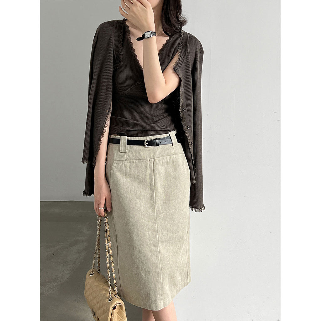 Lace Trim Knit Two-Piece Set for Women, V-Neck Crop Top + Elegant Fitted Cardigan