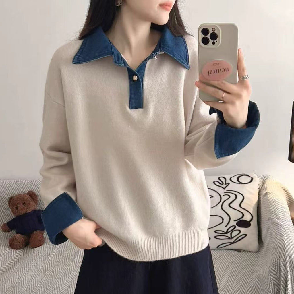Color blocked denim patchwork polo collar long sleeved sweater for women