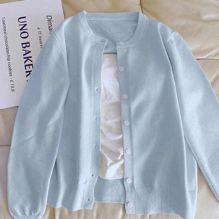 Soft Yellow Round Neck Long Sleeve Light Blue Knit Cardigan for Women Sweater Coat