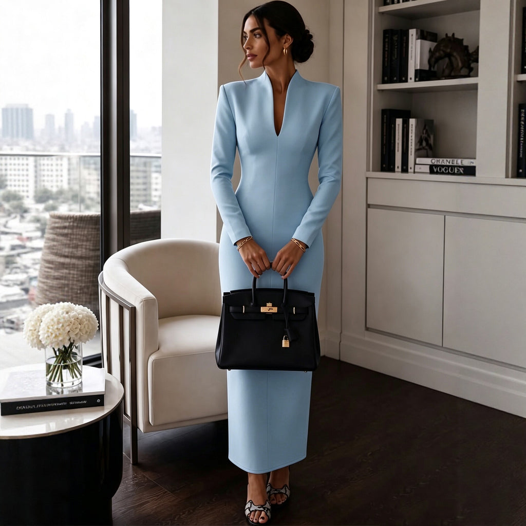 Stand-up Collar V-Neck Long Sleeve Fitted Bodycon Dress Evening Gown Luxury