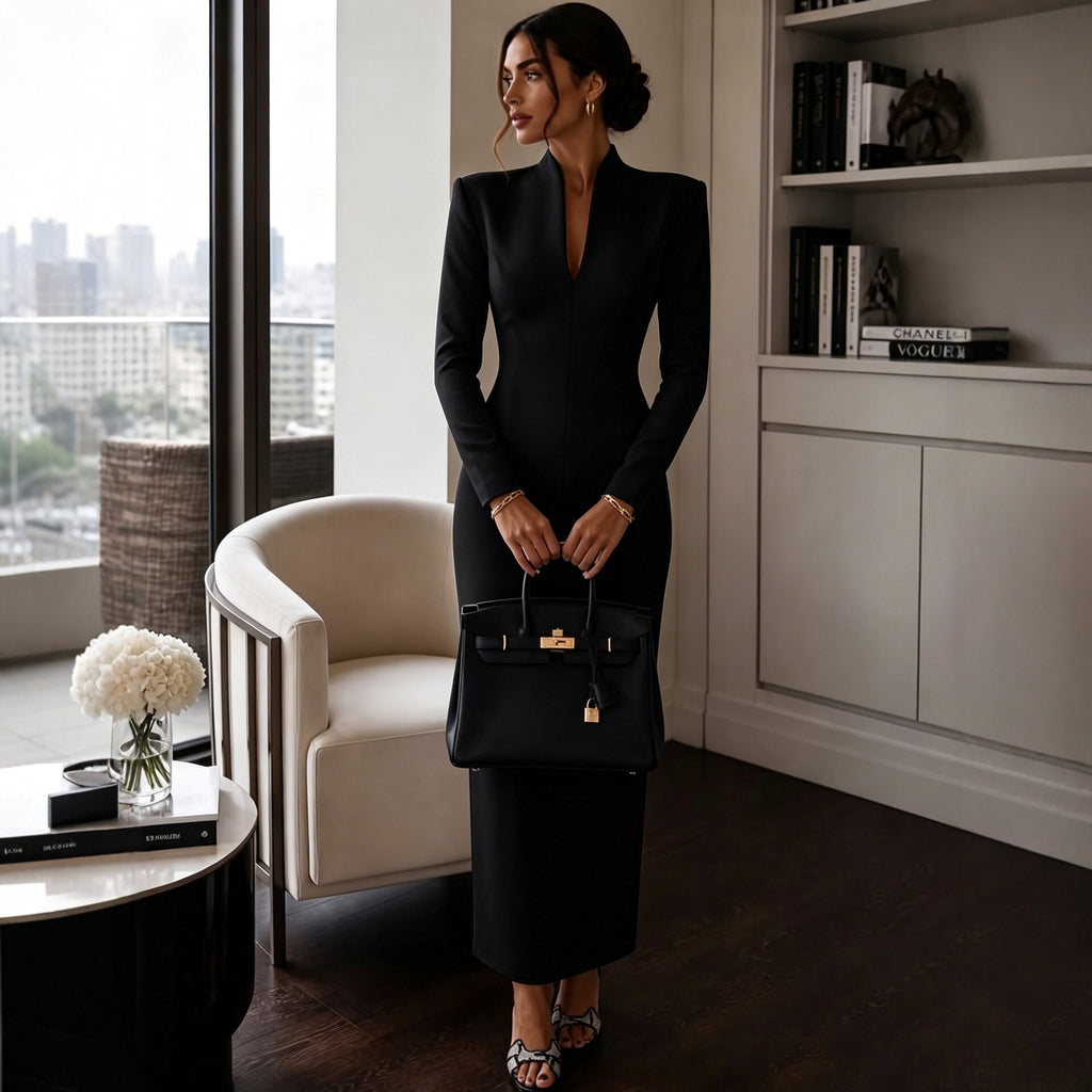 Stand-up Collar V-Neck Long Sleeve Fitted Bodycon Dress Evening Gown Luxury