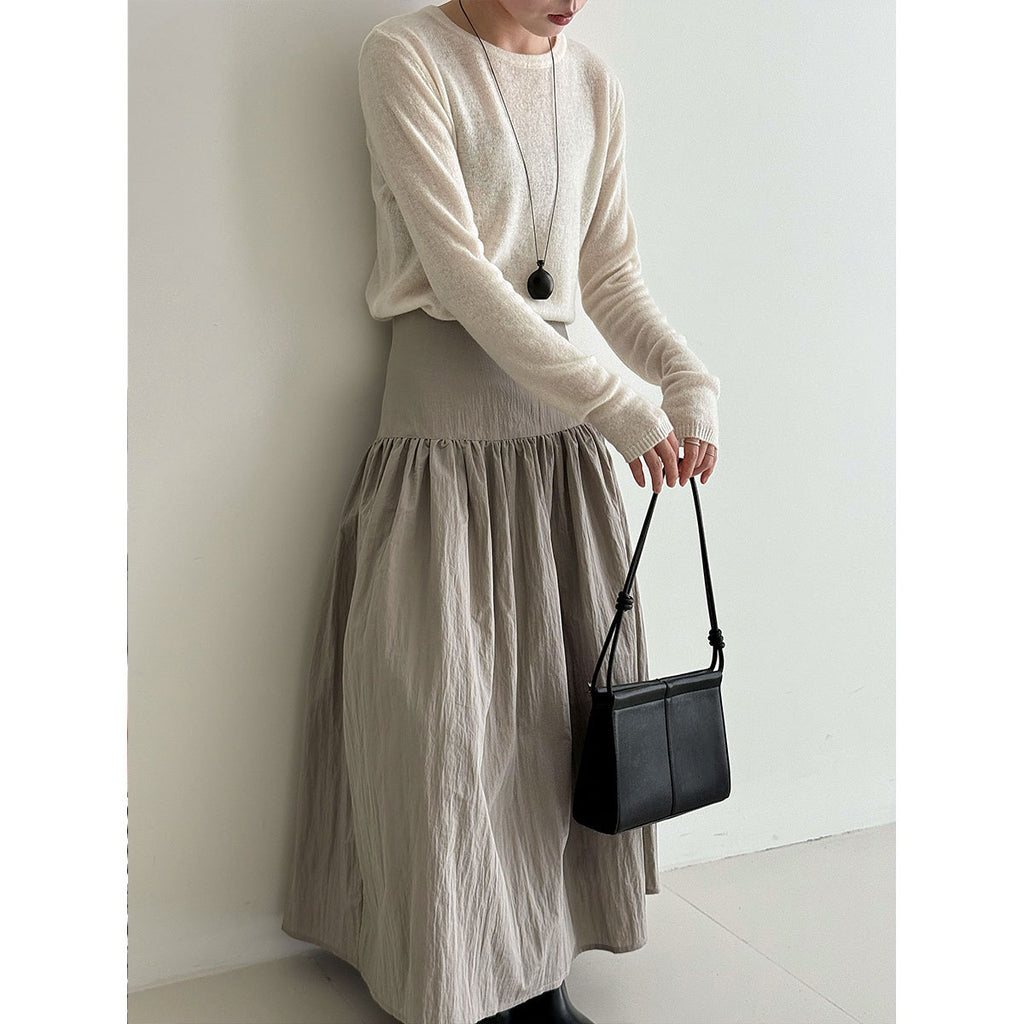 High-Waisted Cotton-Polyester Pleated Midi Skirt for Women, Solid Color Puffy A-Line Elegant Long Skirt