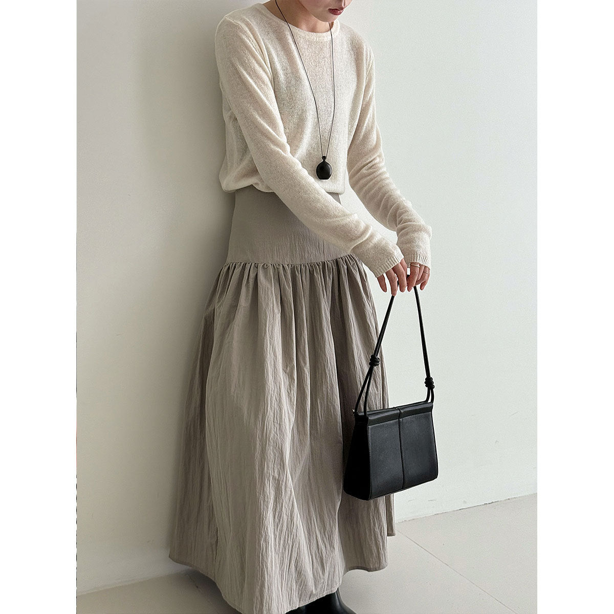 High-Waisted Cotton-Polyester Pleated Midi Skirt for Women, Solid Color Puffy A-Line Elegant Long Skirt