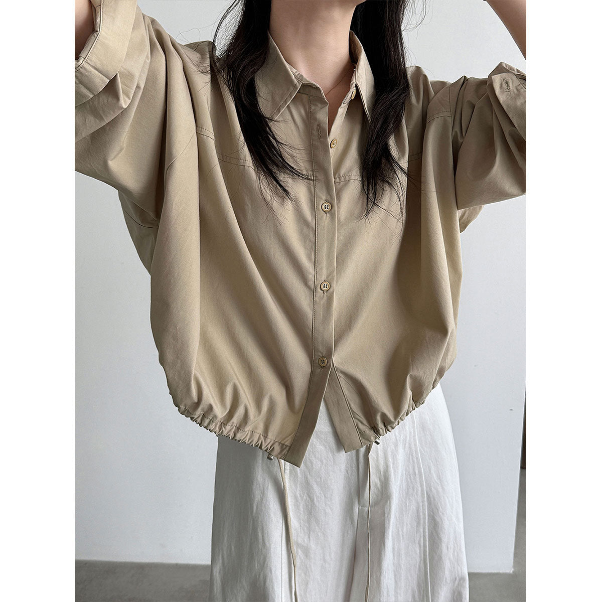 Drawstring Hem Loose Fit Shirt for Women, Casual Office Wear, Versatile Blouse Jacket