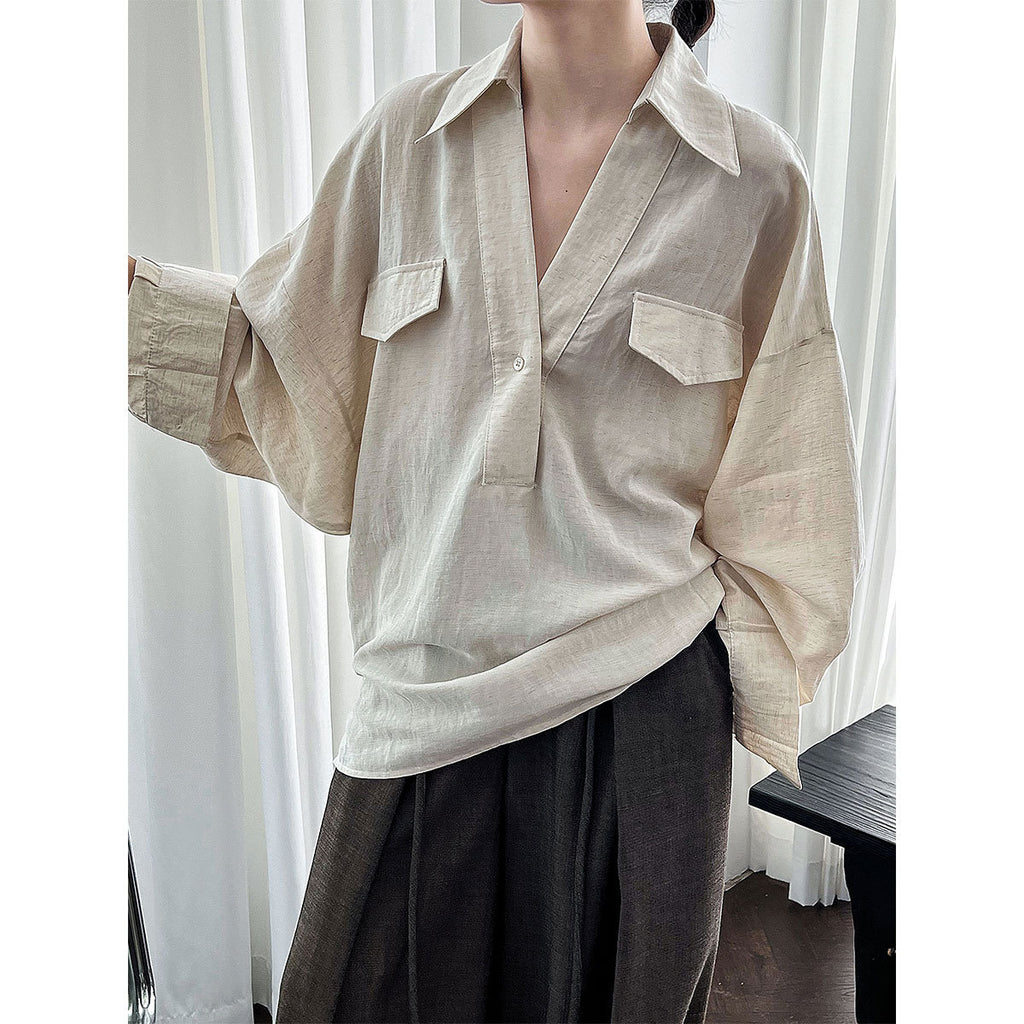 V-Neck Linen Shirt for Women, Long Sleeve, Autumn New Arrival, Elegant Blogger Loose Fit Design Blouse