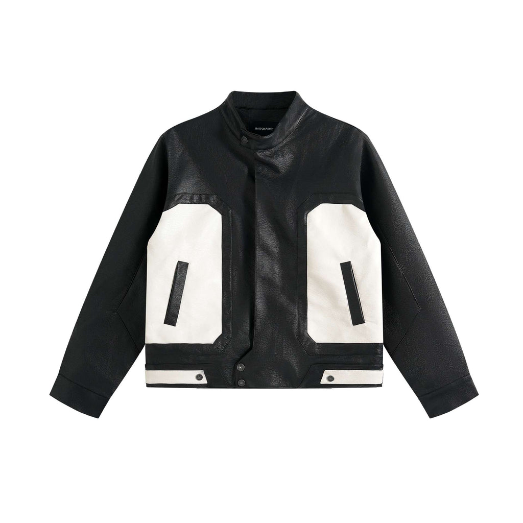 Patchwork PU Leather Jacket Men's Trendy Stand Collar Workwear Casual Jacket