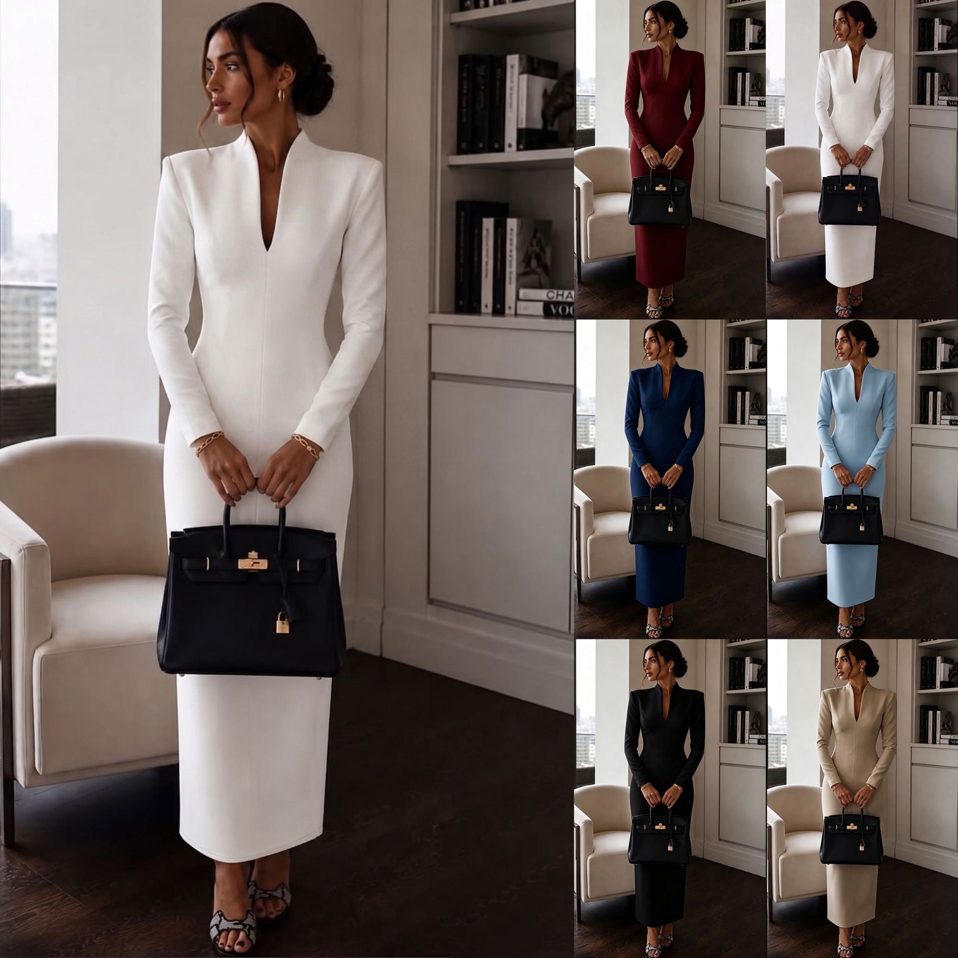 Stand-up Collar V-Neck Long Sleeve Fitted Bodycon Dress Evening Gown Luxury