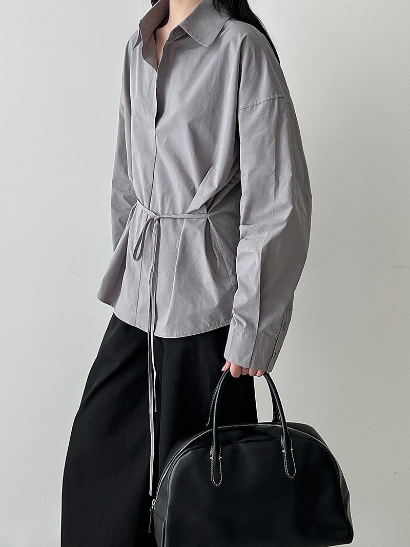 Polo Neck Casual Shirt for Women, Belted Slim Fit Vintage Top