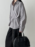 Polo Neck Casual Shirt for Women, Belted Slim Fit Vintage Top