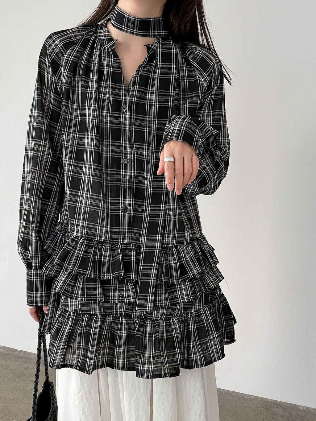 Plaid Ruffle V-Neck Tie Blouse for Women Spring Unique Design Layering Dress
